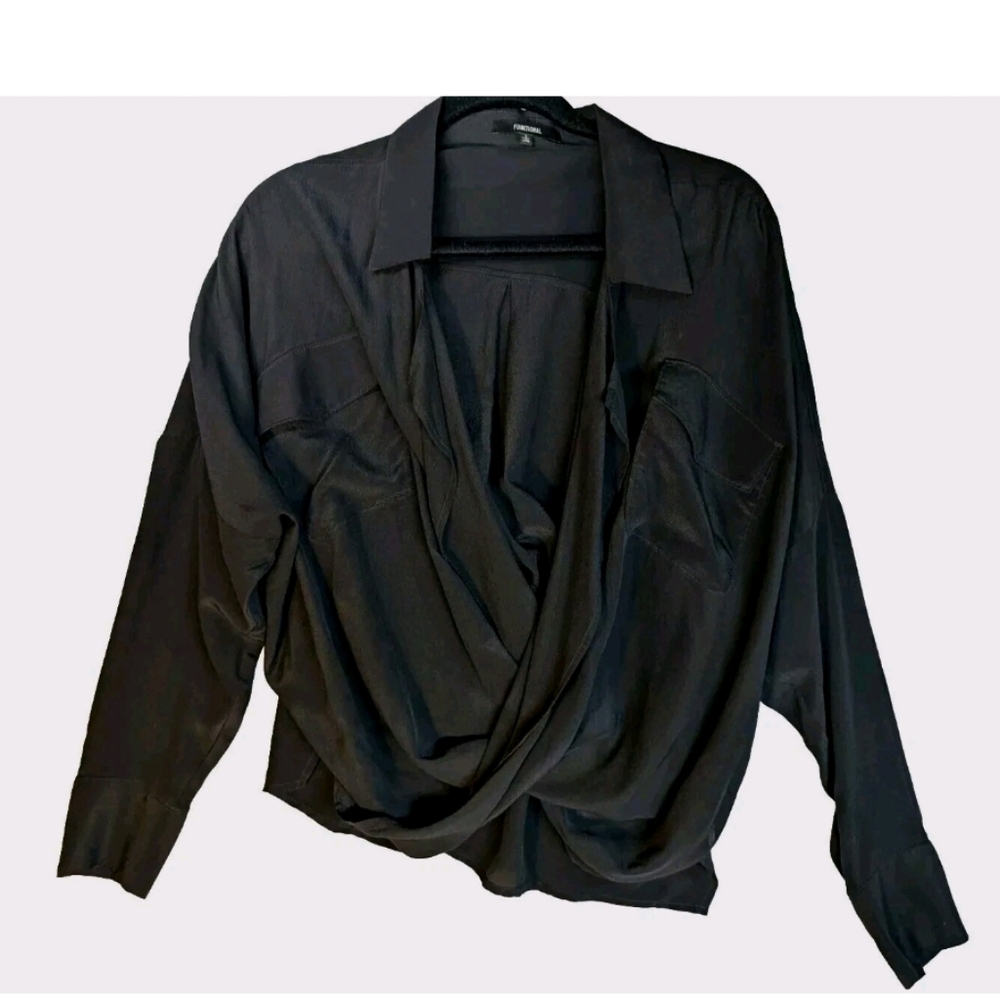 Black Oversized Silk Wrap Front Low Cut Blouse